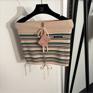 Miu Miu Beige Striped Button-Front Strapless Tank Top Y2K